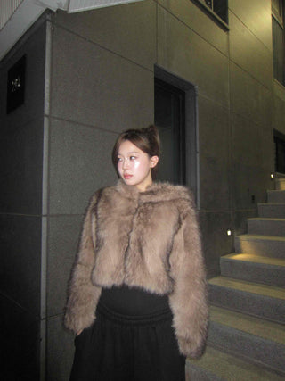 Short-length eco-fur hooded jacket
