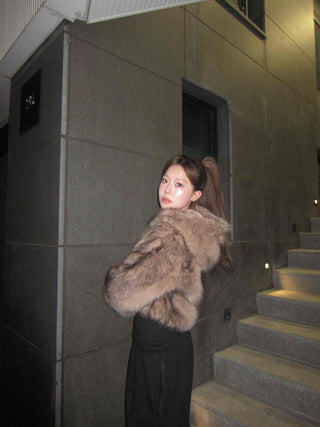 Short-length eco-fur hooded jacket