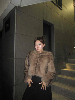 Short-length eco-fur hooded jacket