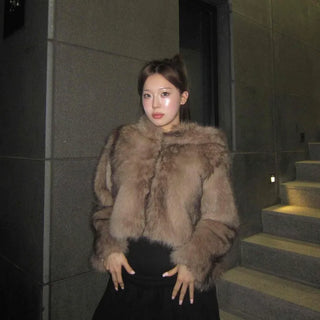 Short-length eco-fur hooded jacket