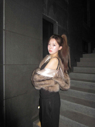 Short-length eco-fur hooded jacket
