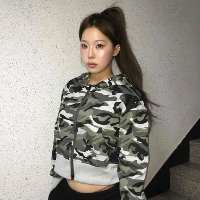 Camouflage Military Crop Zip-Up Hoodie