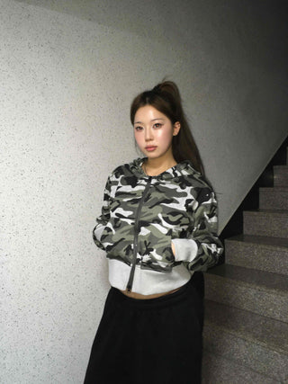 Camouflage Military Crop Zip-Up Hoodie