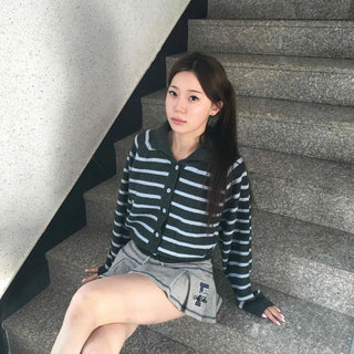 Wrap Style Cross Zipper Striped Knit Cardigan
