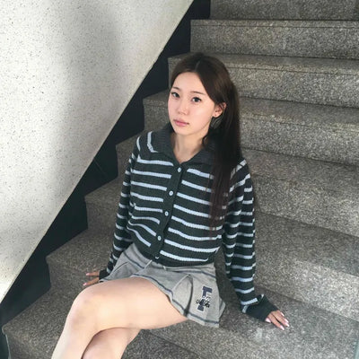 Wrap Style Cross Zipper Striped Knit Cardigan