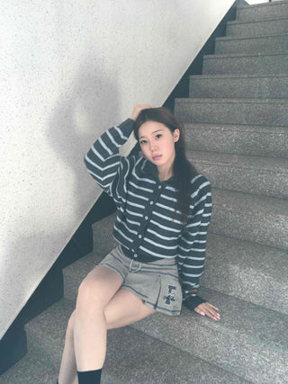 Wrap Style Cross Zipper Striped Knit Cardigan