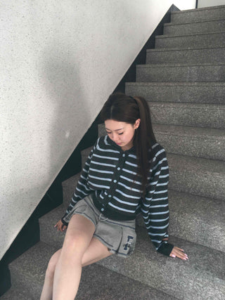 Wrap Style Cross Zipper Striped Knit Cardigan