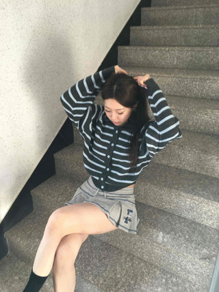 Wrap Style Cross Zipper Striped Knit Cardigan