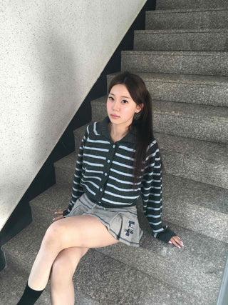 Wrap Style Cross Zipper Striped Knit Cardigan