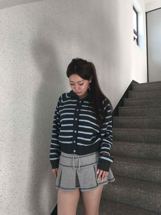 Wrap Style Cross Zipper Striped Knit Cardigan
