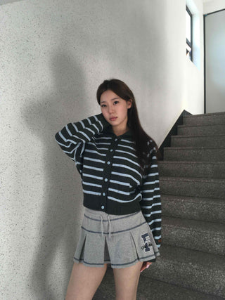 Wrap Style Cross Zipper Striped Knit Cardigan