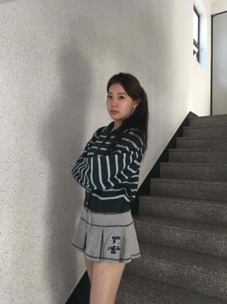 Wrap Style Cross Zipper Striped Knit Cardigan