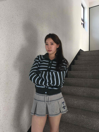 Wrap Style Cross Zipper Striped Knit Cardigan