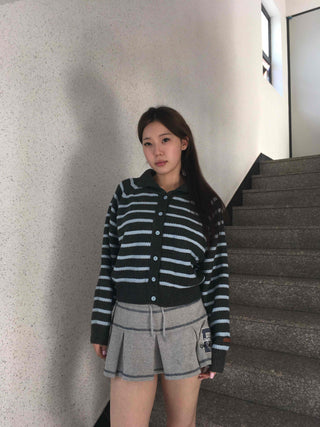 Wrap Style Cross Zipper Striped Knit Cardigan