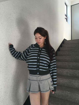 Wrap Style Cross Zipper Striped Knit Cardigan