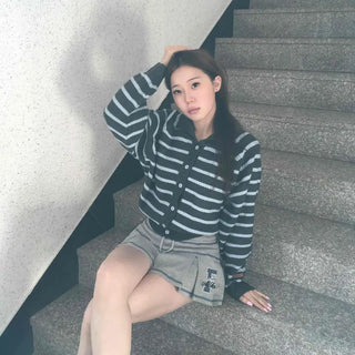 Wrap Style Cross Zipper Striped Knit Cardigan
