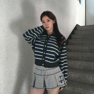 Wrap Style Cross Zipper Striped Knit Cardigan
