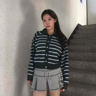 Wrap Style Cross Zipper Striped Knit Cardigan