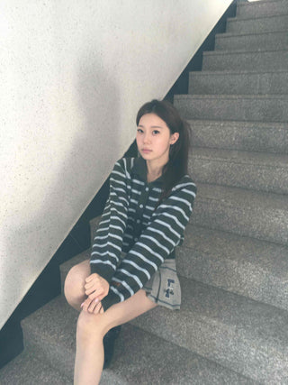 Wrap Style Cross Zipper Striped Knit Cardigan
