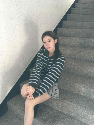 Wrap Style Cross Zipper Striped Knit Cardigan