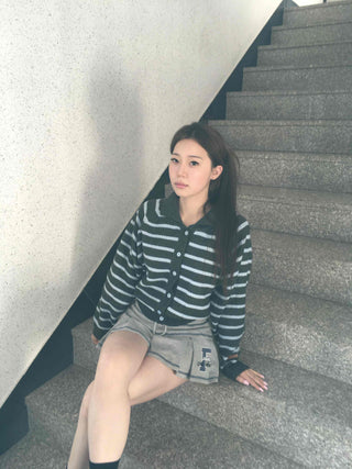 Wrap Style Cross Zipper Striped Knit Cardigan