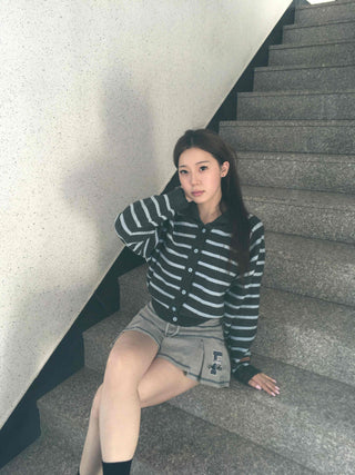 Wrap Style Cross Zipper Striped Knit Cardigan