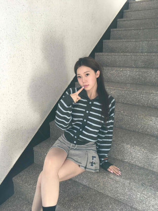 Wrap Style Cross Zipper Striped Knit Cardigan