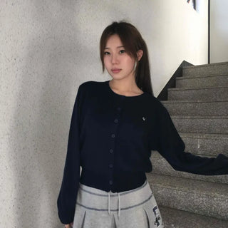 Minimal Embroidery Detail Cozy Fit Crew Neck Knit Cardigan