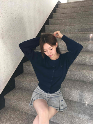 Minimal Embroidery Detail Cozy Fit Crew Neck Knit Cardigan
