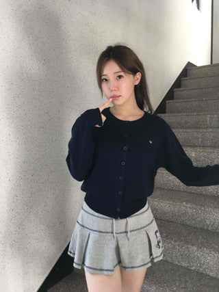 Minimal Embroidery Detail Cozy Fit Crew Neck Knit Cardigan