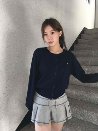 Minimal Embroidery Detail Cozy Fit Crew Neck Knit Cardigan
