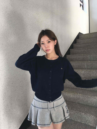 Minimal Embroidery Detail Cozy Fit Crew Neck Knit Cardigan
