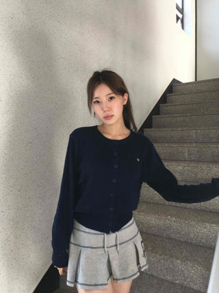 Minimal Embroidery Detail Cozy Fit Crew Neck Knit Cardigan
