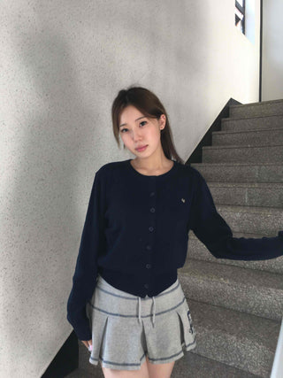 Minimal Embroidery Detail Cozy Fit Crew Neck Knit Cardigan