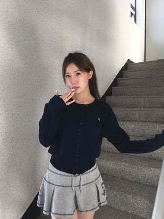 Minimal Embroidery Detail Cozy Fit Crew Neck Knit Cardigan
