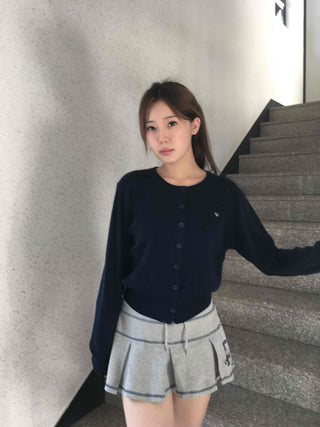 Minimal Embroidery Detail Cozy Fit Crew Neck Knit Cardigan