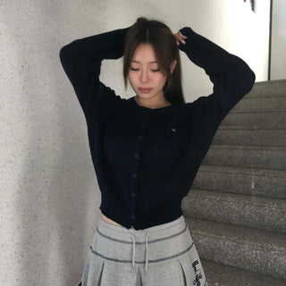 Minimal Embroidery Detail Cozy Fit Crew Neck Knit Cardigan
