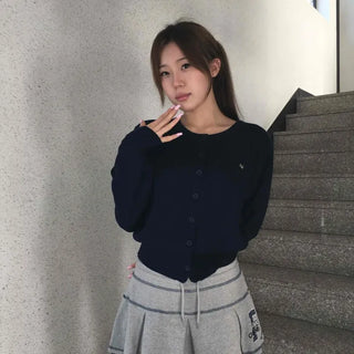 Minimal Embroidery Detail Cozy Fit Crew Neck Knit Cardigan