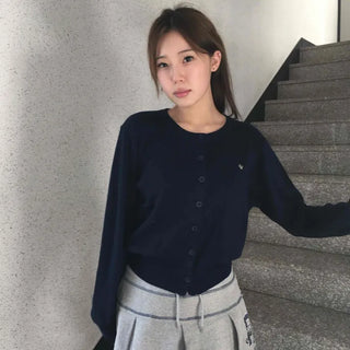 Minimal Embroidery Detail Cozy Fit Crew Neck Knit Cardigan