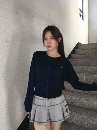 Minimal Embroidery Detail Cozy Fit Crew Neck Knit Cardigan