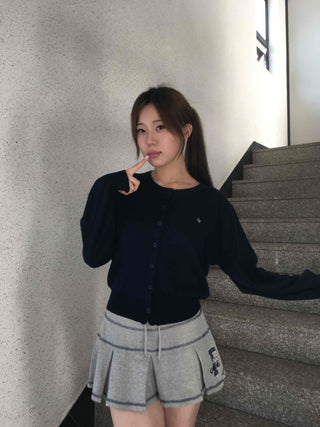 Minimal Embroidery Detail Cozy Fit Crew Neck Knit Cardigan