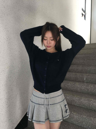 Minimal Embroidery Detail Cozy Fit Crew Neck Knit Cardigan