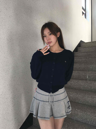 Minimal Embroidery Detail Cozy Fit Crew Neck Knit Cardigan