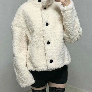 Shearling High-Neck Single Contrast Button Short Jacket