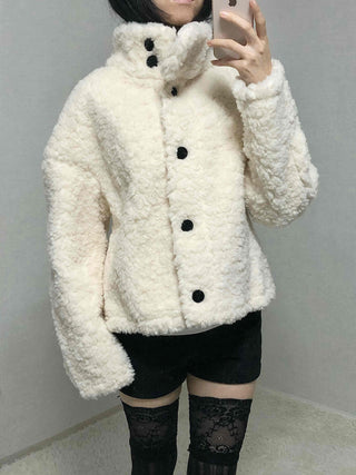 Shearling High-Neck Single Contrast Button Short Jacket