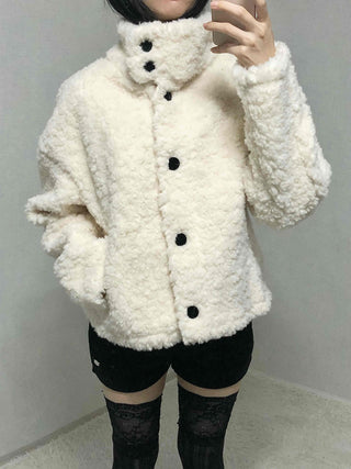 Shearling High-Neck Single Contrast Button Short Jacket