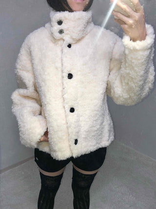 Shearling High-Neck Single Contrast Button Short Jacket