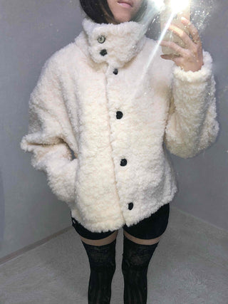 Shearling High-Neck Single Contrast Button Short Jacket