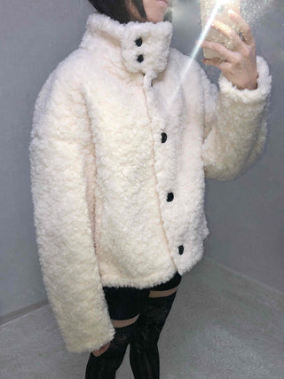 Shearling High-Neck Single Contrast Button Short Jacket