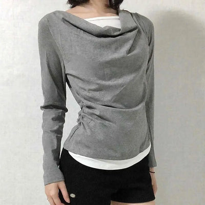 Drape Neck Slim Fit Shirred Long Sleeve Tee